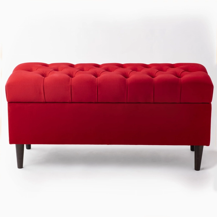 Gewatteerde poef met opbergruimte in intens rood, een comfortabele en esthetische oplossing