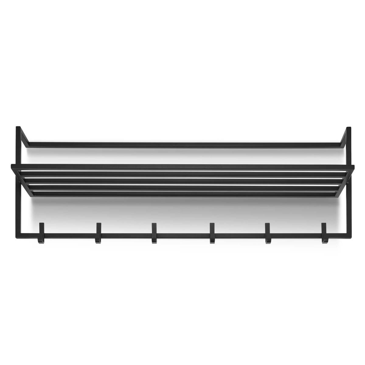 Zwarte hanger met plank, aan de muur bevestigd,