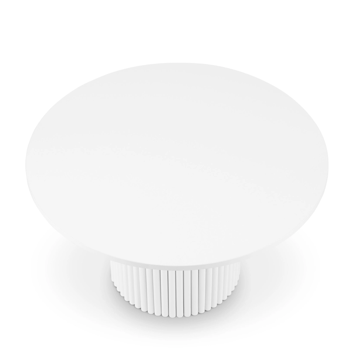 Een witte ronde salontafel met gegroefde poot, perfect voor een modern of klassiek interieur