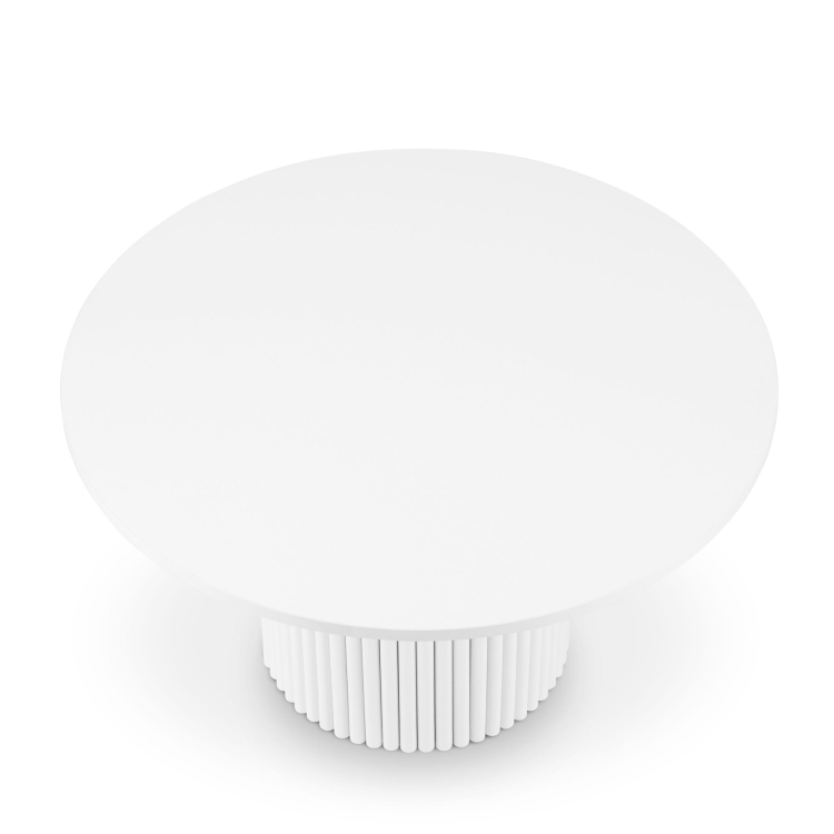 Een witte ronde salontafel met gegroefde poot, perfect voor een modern of klassiek interieur