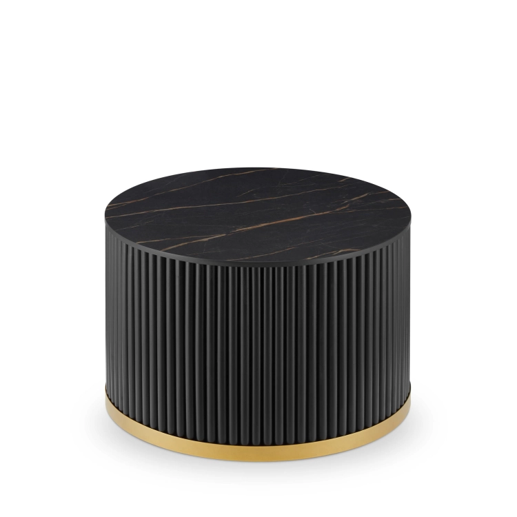 zwarte ronde tafel met stenen blad