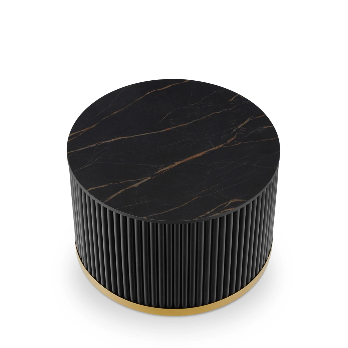 zwarte ronde tafel met stenen blad en originele gegroefde voet