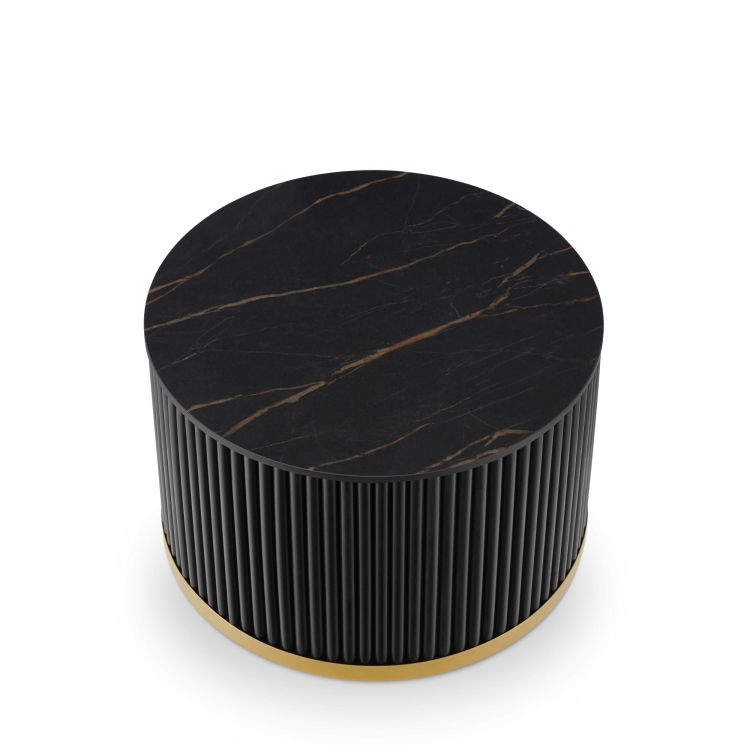 zwarte ronde tafel met stenen blad en originele gegroefde voet