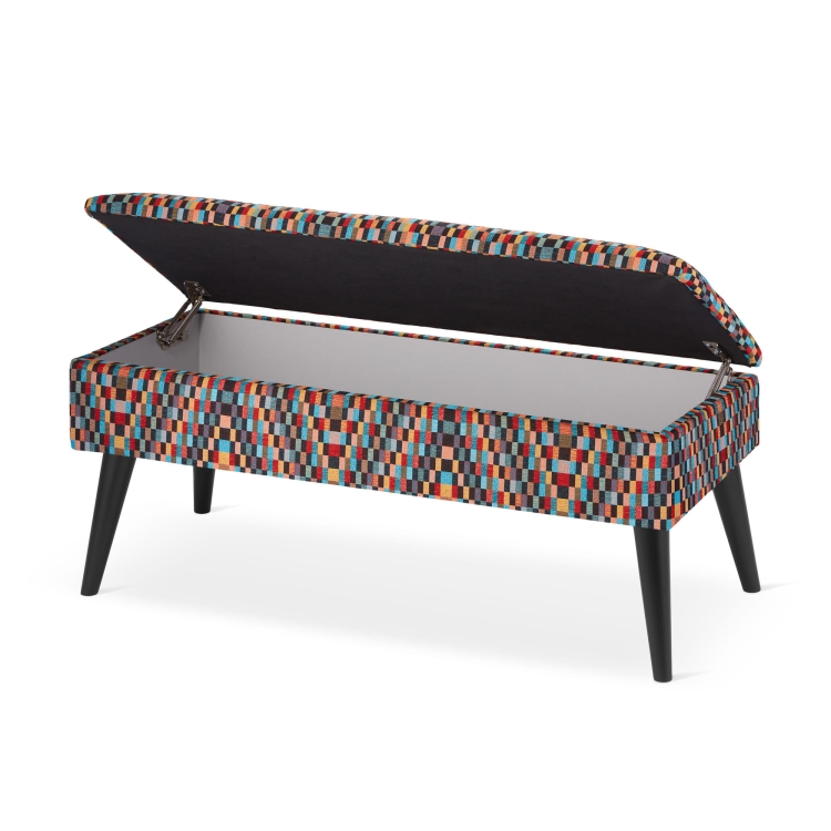 Stijlvolle gewatteerde poef met opbergruimte in gekleurde bekleding