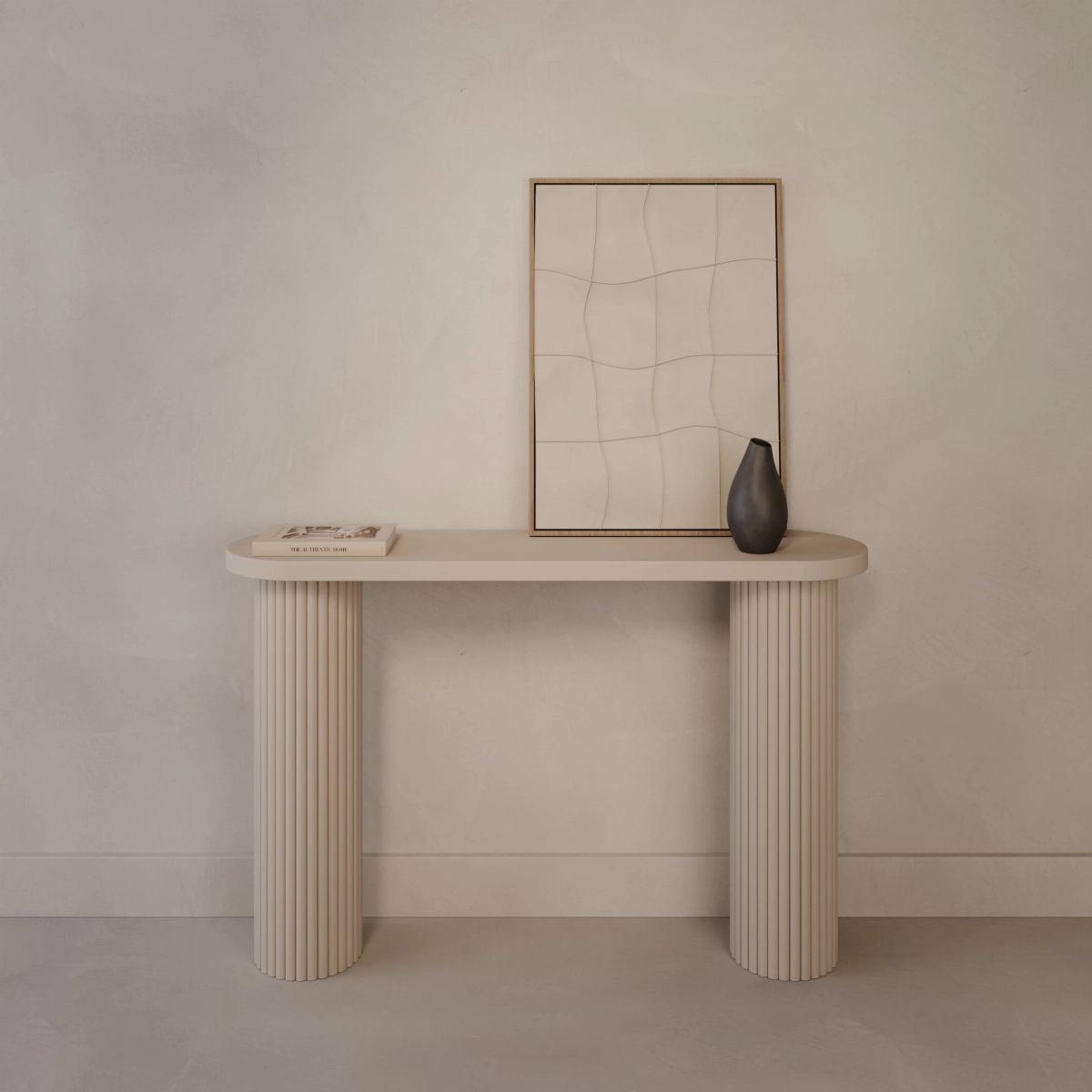 Console voor de hal met houten gegroefde poten en een meubelplaat bovenblad