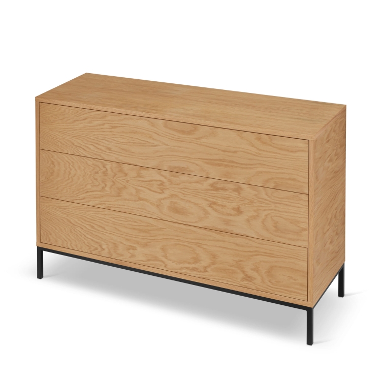Nowoczesna komoda dębowa z szufladami na metalowej podstawie, funkcjonalna i estetyczna