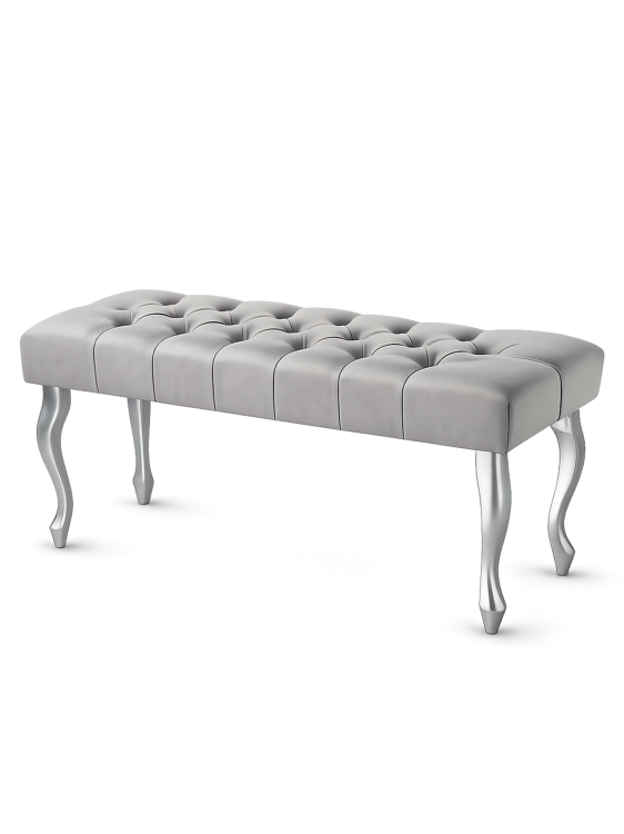 Ławka tapicerowana w kolorze szarym z efektownymi srebrnymi nogami