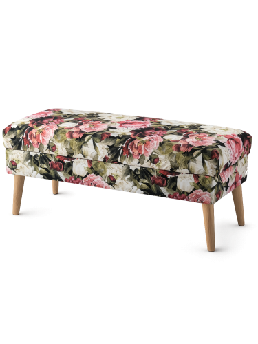 Tapicerowana pufa z kwiatami i schowkiem, elegancki i funkcjonalny dodatek