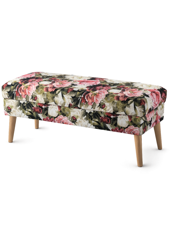 Tapicerowana pufa z kwiatami i schowkiem, elegancki i funkcjonalny dodatek