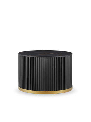 czarny okrągły stolik z kamiennym blatem