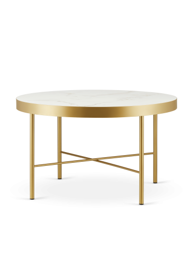 Stolik kawowy z marmurowym blatem i efektowną złotą podstawą do salonu