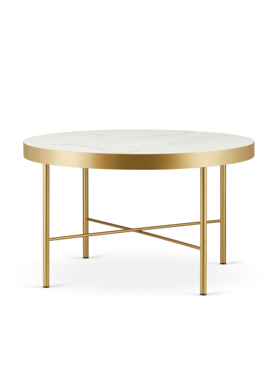 Stolik kawowy z marmurowym blatem i efektowną złotą podstawą do salonu