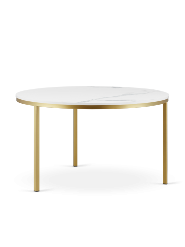 Stolik kawowy z marmurowym blatem i efektowną złotą podstawą do salonu