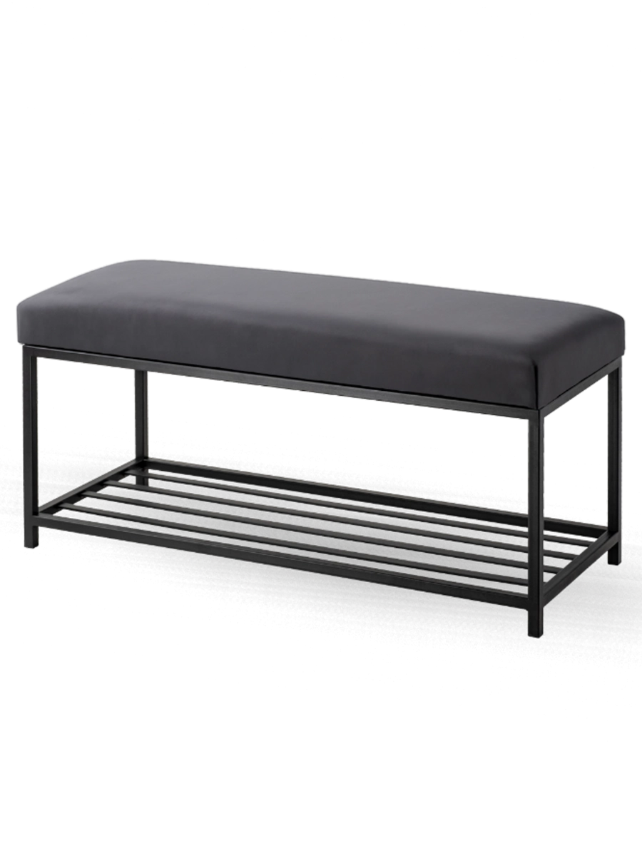 Graphitfarbene gepolsterte Bank mit Metallgestell und Schuhregal