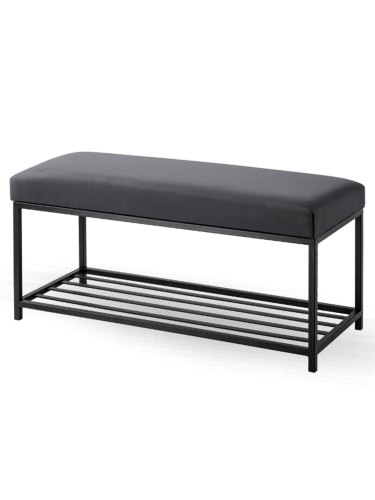 Graphitfarbene gepolsterte Bank mit Metallgestell und Schuhregal