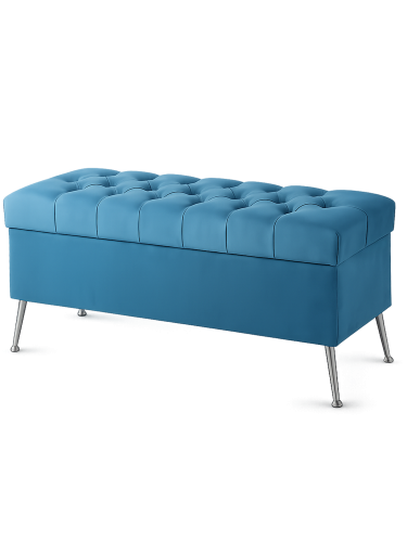 Moderner blauer Pouf mit Steppung und Stauraum, auf Metallbeinen stehend