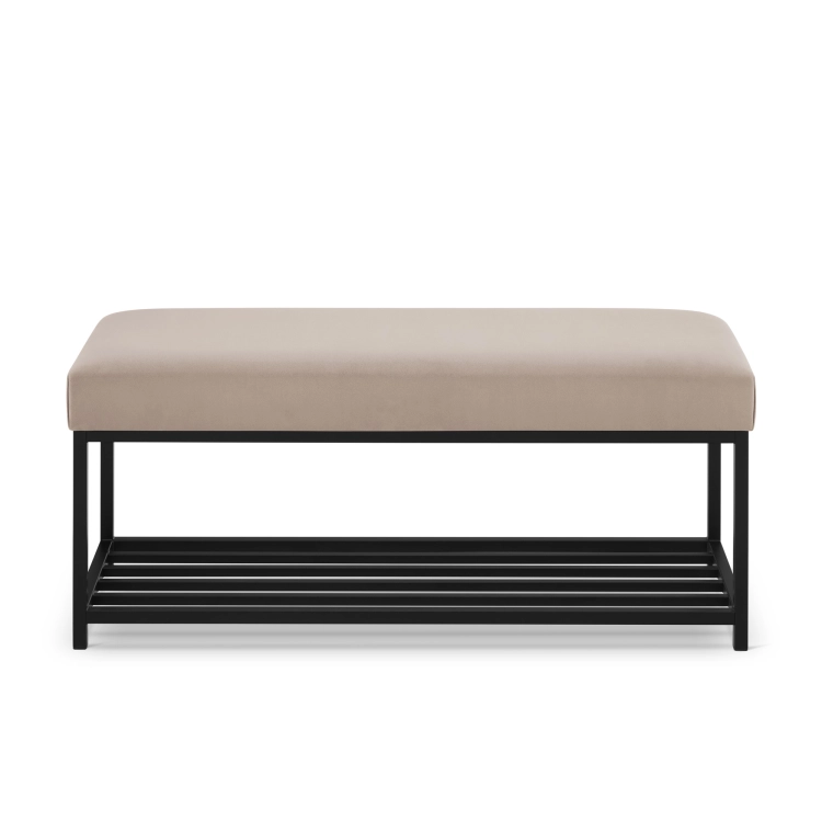 ławka w kolorze beżowym na metalowym czarnym stelażu