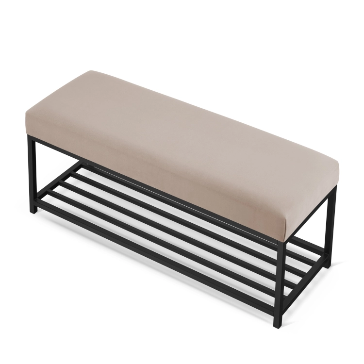 ławka w kolorze beżowym na metalowym czarnym stelażu