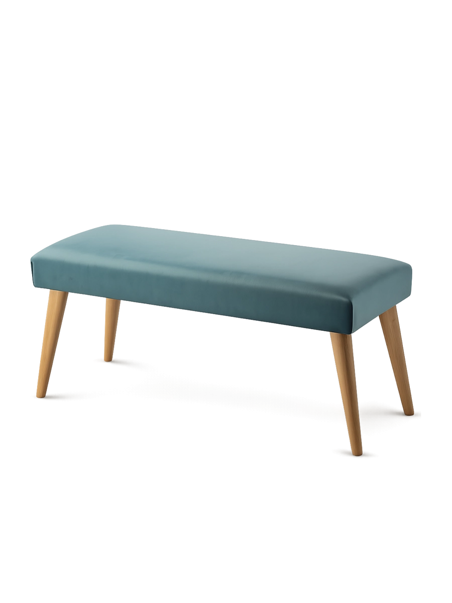 Stijlvolle bank in mintkleur met bekleding en houten onderstel, ideaal voor woonkamer of hal