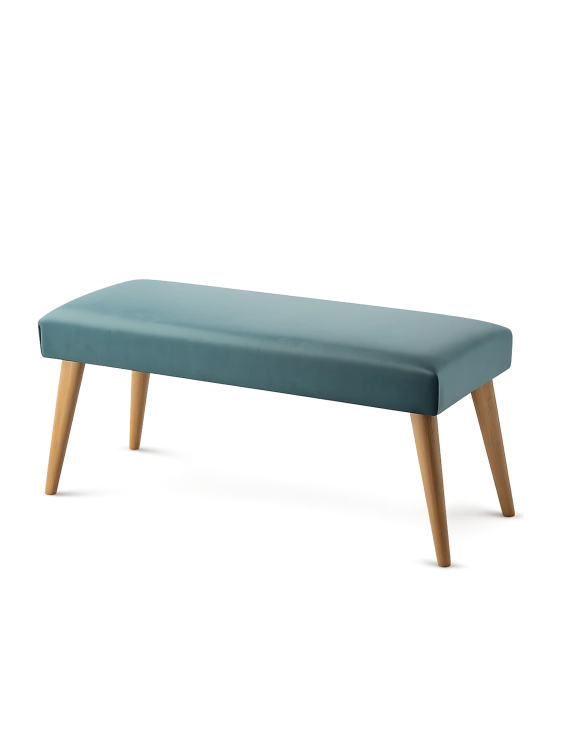 Stijlvolle bank in mintkleur met bekleding en houten onderstel, ideaal voor woonkamer of hal