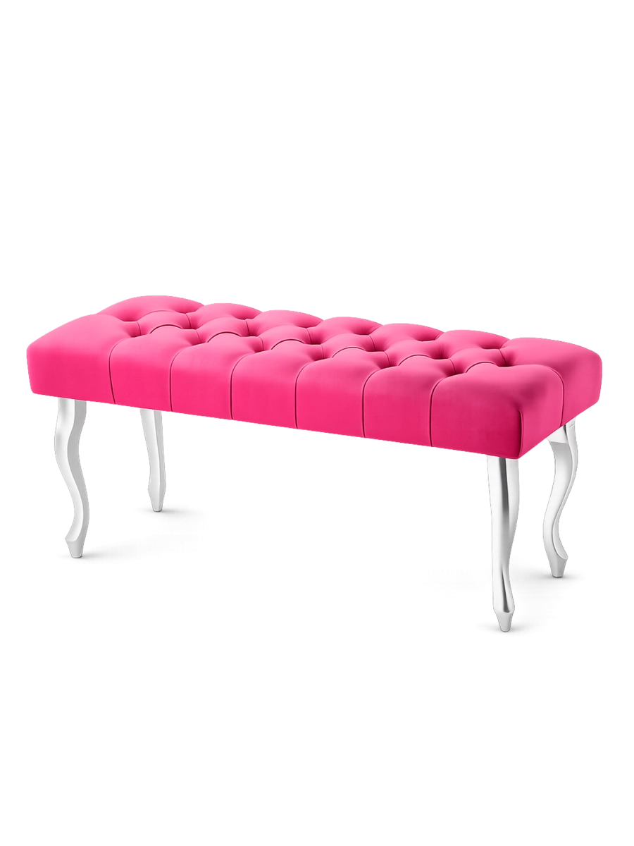Elegante gewatteerde bank in intense fuchsia kleur met zilveren poten