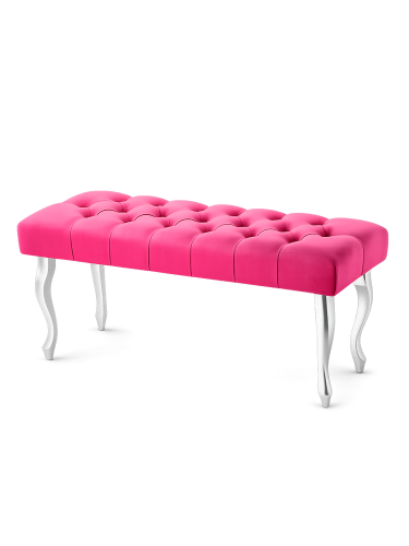 Elegante gewatteerde bank in intense fuchsia kleur met zilveren poten