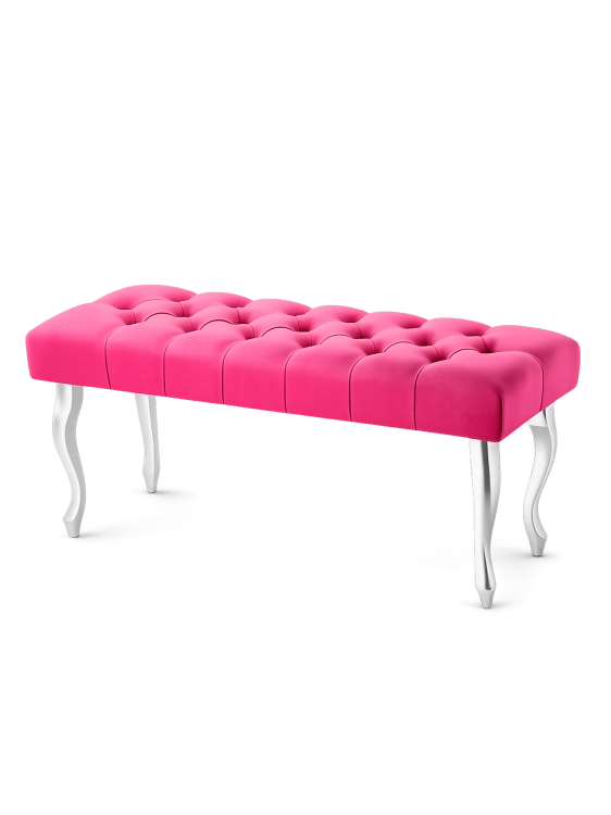 Elegante gewatteerde bank in intense fuchsia kleur met zilveren poten