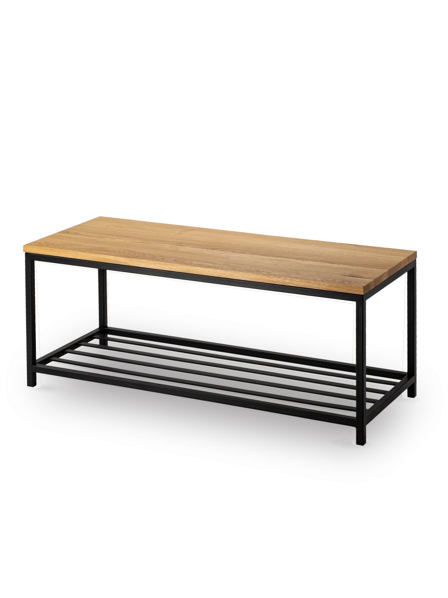 Metalen bank met schoenenrek en houten blad, ideaal voor loft interieurs