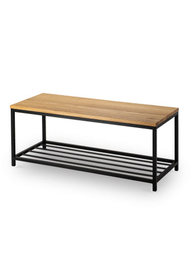 Metalen bank met schoenenrek en houten blad, ideaal voor loft interieurs