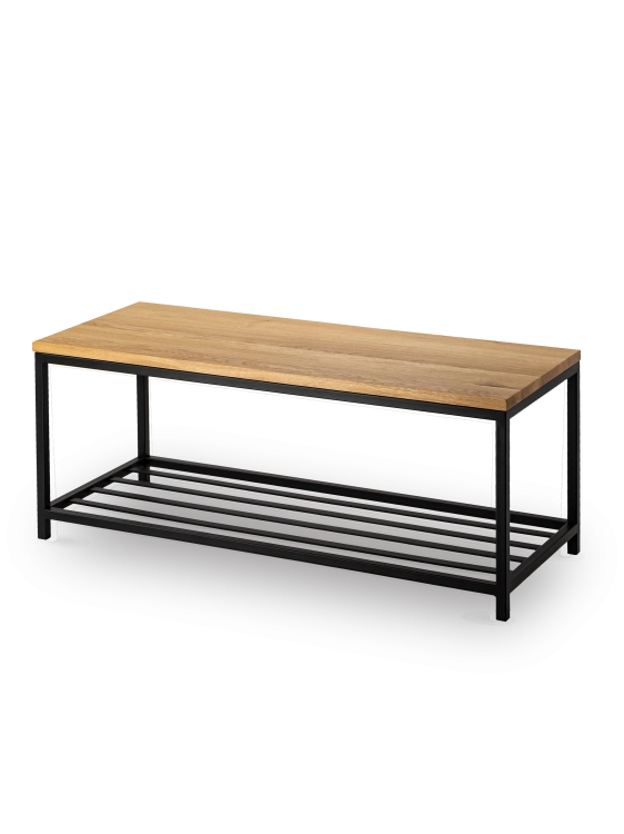 Metalen bank met schoenenrek en houten blad, ideaal voor loft interieurs