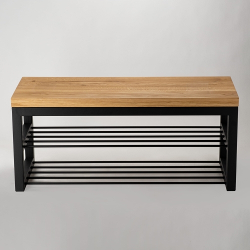 Loft-stijl bank met houten bovenblad en stalen onderstel