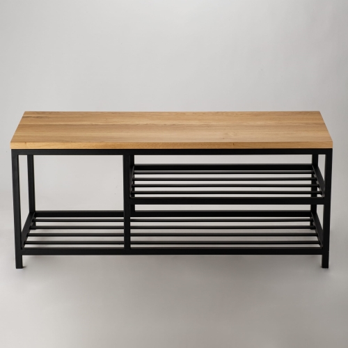 Loft-stijl bank met houten bovenblad en stalen onderstel