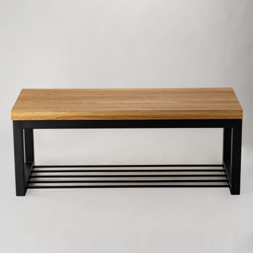 Industriële bank met houten blad en metalen plank