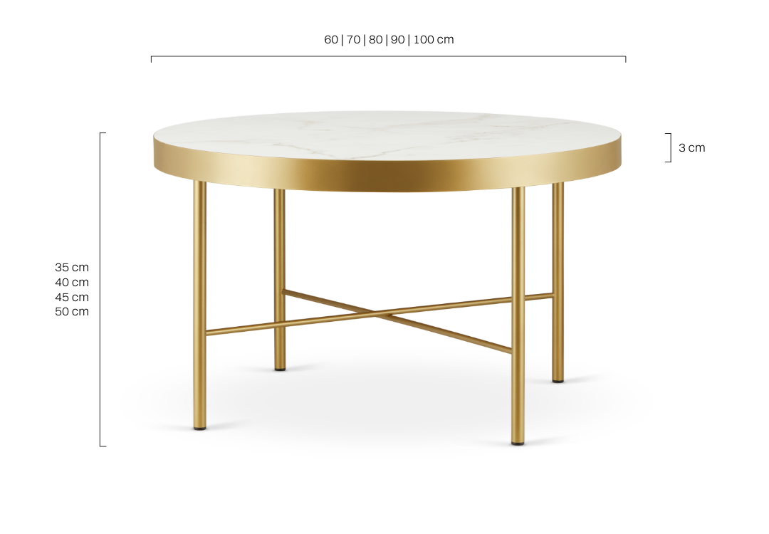Stolik kawowy z marmurowym blatem i efektowną złotą podstawą do salonu