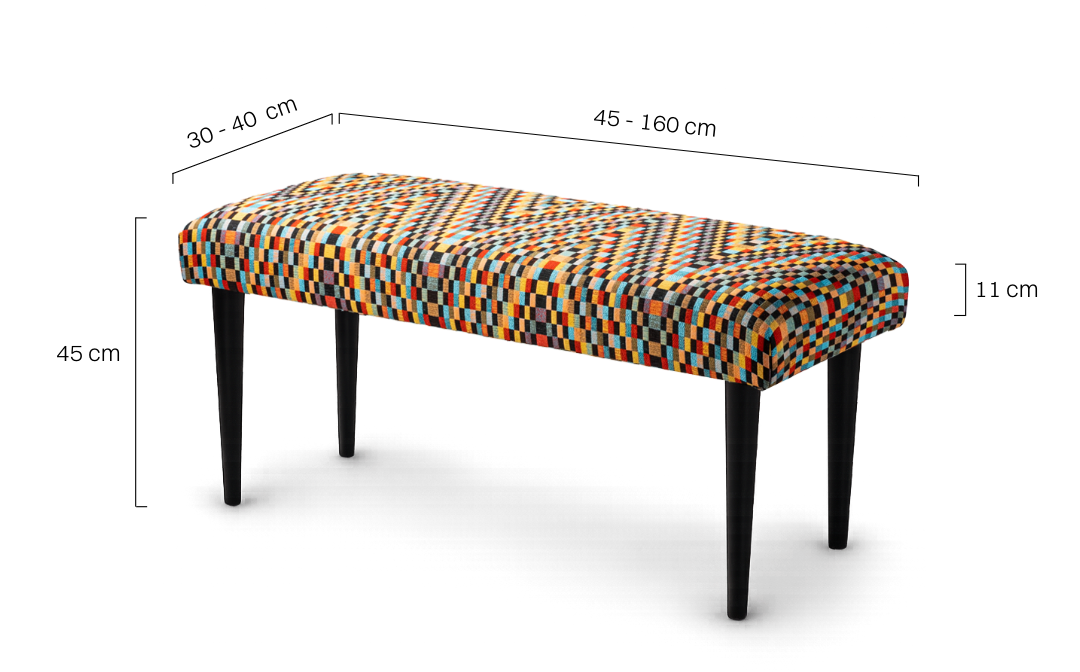 Ławka tapicerowana we wzory z czarnymi nogami