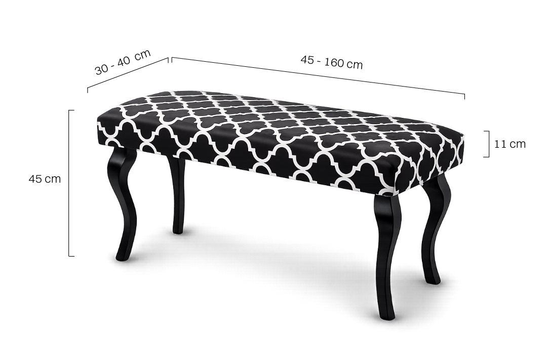 Dekoracyjna ławka z ozdobną tapicerką i czarnymi nogami