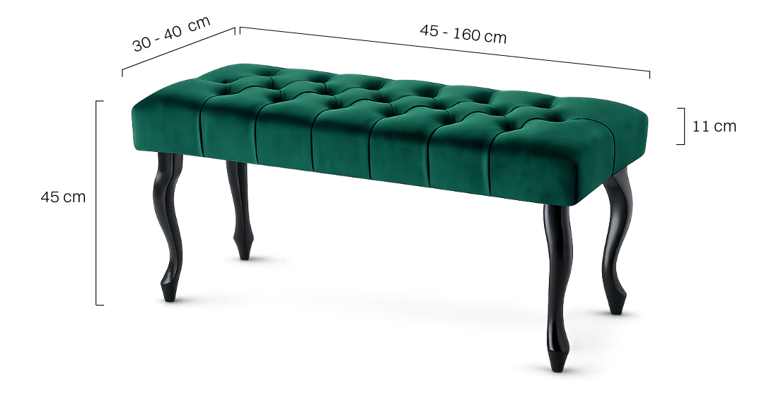 Pikowana ławka w odcieniu butelkowej zieleni z czarnymi nogami