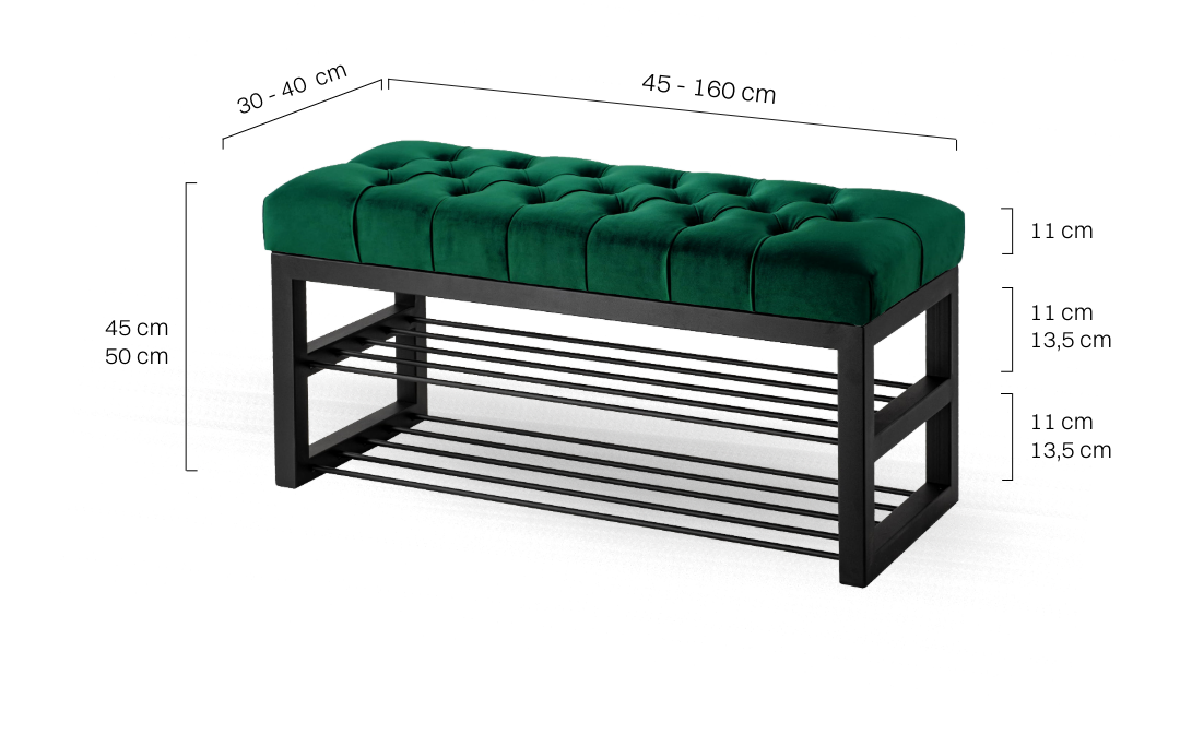 Ławka do pokoju w stylu industrialnym w zielonym kolorze i ze stalowymi półkami