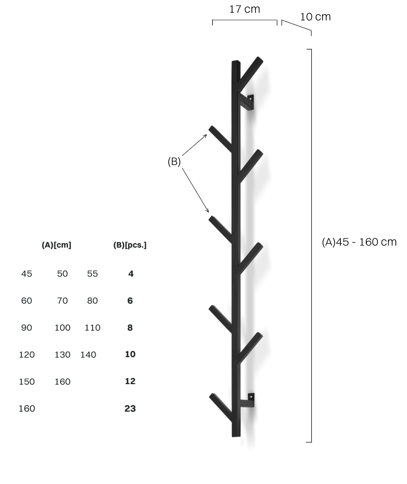pionowy stalowy wieszak do przedpokoju na ścianie i z szarą ławką na buty