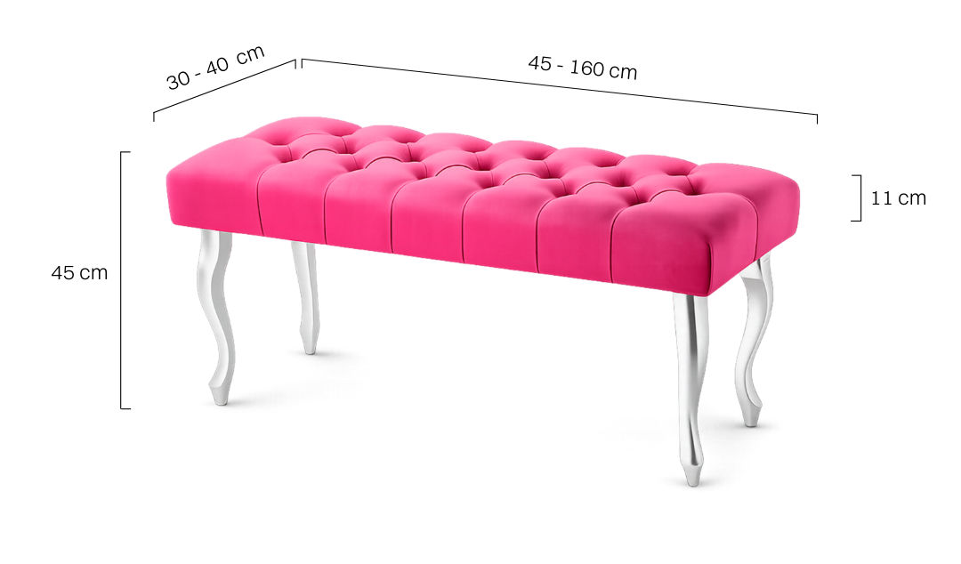 Elegante gewatteerde bank in intense fuchsia kleur met zilveren poten